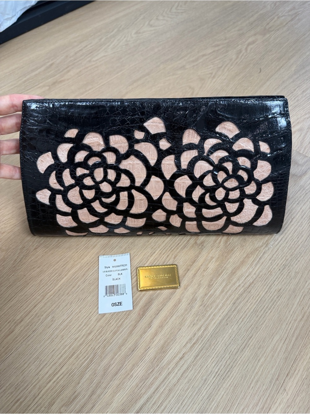 NWOT Nancy Gonzales Crocodile Laser Cut Clutch